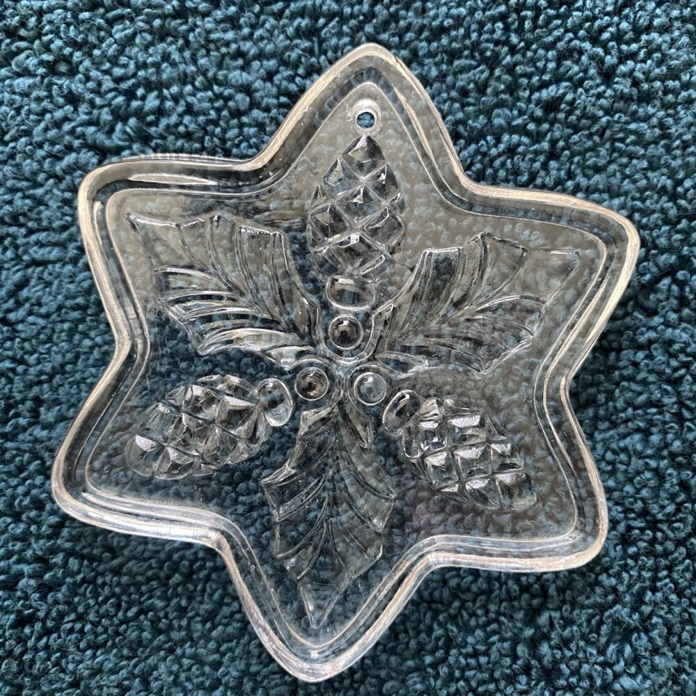 Fostoria Clear Glass Christmas Ornament- Holly & Pinecone Snowflake